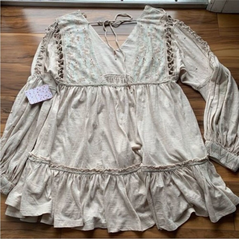 FP Much Love Embroidered Ladder Stitch Ruffled Trim Balloon Sleeve Tunic L